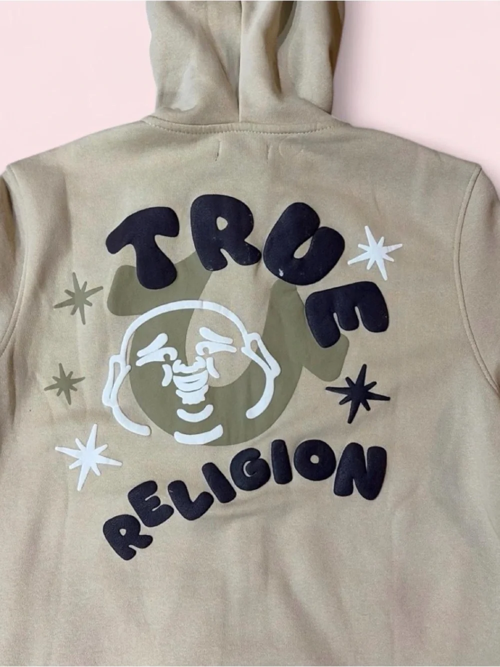 True Religion Men’s Beige Hoodie with Black & White Graphic